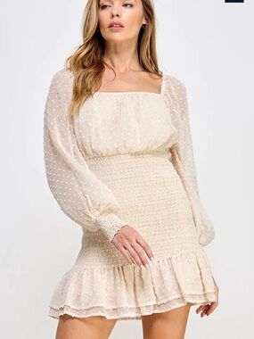 Sweet Lemon POM POM TEXTURED SMOCKED AND RUFFLED SWEET DRESS Size Large